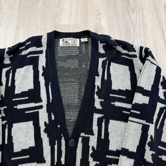 Vintage Geometric Cardigan Sweater Men's Large Black White Knit 90s Abstract - Picture 3 of 7